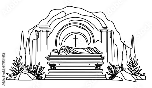 vector drawing of jesus tomb scene