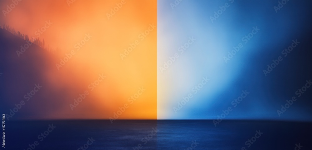Fototapeta premium Split sky scene displays orange hues on left and cool blues on right, with hazy horizon