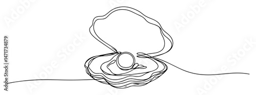 oyster shell with pearl one line vector drawing, minimalist sea treasure illustration