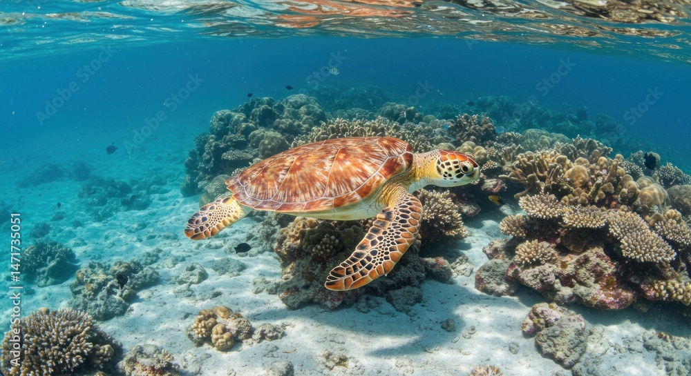 Fototapeta premium A sea turtle swims peacefully above vibrant coral reefs, surrounded by colorful marine life in the clear tropical waters.