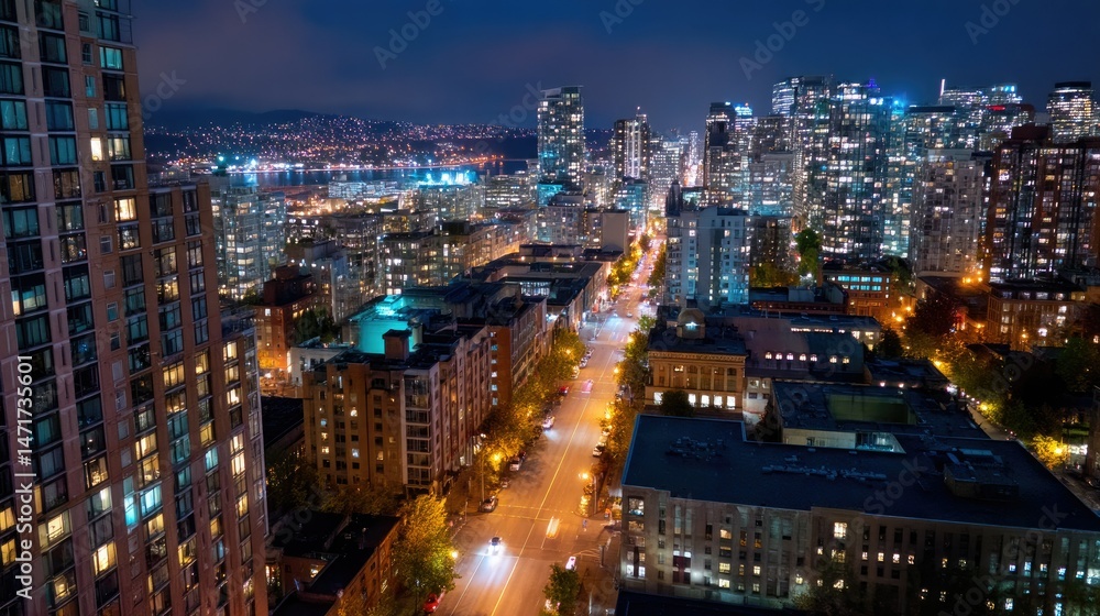 Obraz premium Overhead view of a busy city center at night, illuminated by bright streetlights and the glow of high-rise buildings in the distance
