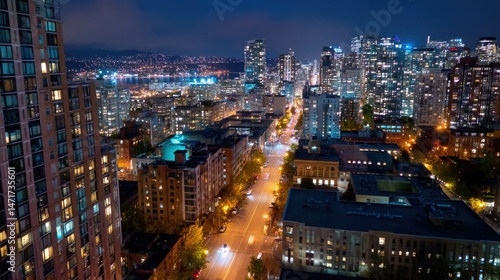 Wallpaper Mural Overhead view of a busy city center at night, illuminated by bright streetlights and the glow of high-rise buildings in the distance Torontodigital.ca