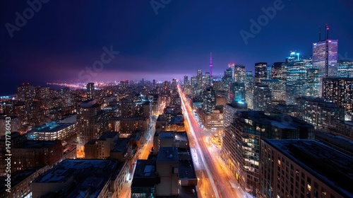Wallpaper Mural Panoramic view of a vibrant city at night from above, with streets lined with shimmering lights and skyscrapers glowing under the night sky Torontodigital.ca