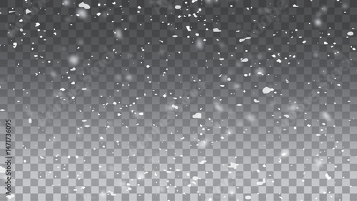 Winter snow flakes background. Blizzard transparent texture. Seamless realistic falling snow or snowflakes.