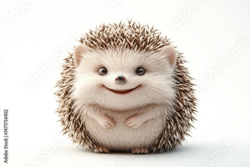 A charming 3D render of a hedgehog, with a smile, showcases its soft fur and spiky quills on a white backdrop.
