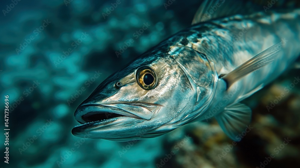 Fototapeta premium Close-up of a fish in a vibrant underwater scene. A saltwater fish, likely a grouper or snapper, in its natural habitat. Its head and upper body are clearly visible, showing scales, eyes, and mouth
