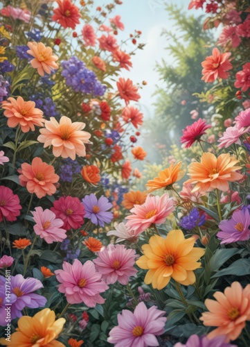 Vibrant watercolor blooms, summer garden, lush petals ,  illustration,  spring