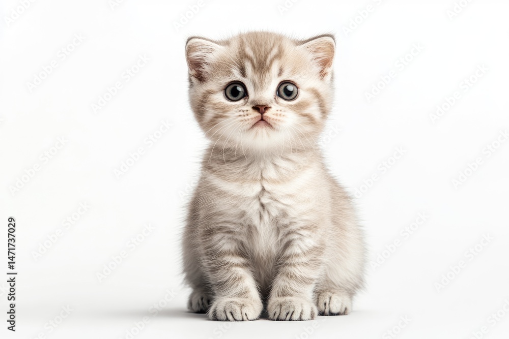 Fototapeta premium Adorable grey tabby kitten sitting upright on a white background, looking directly at the viewer with large, captivating eyes.