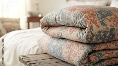 Folded decorative bedding set on wooden surface in cozy bedroom setting