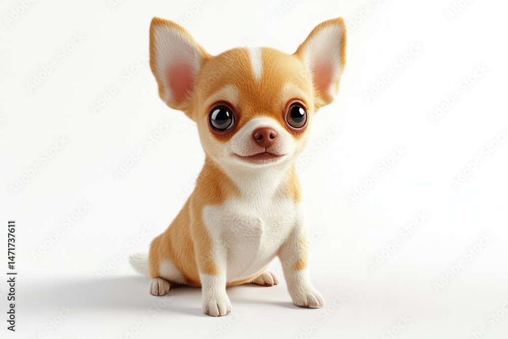 Obraz premium A cute tan and white Chihuahua puppy with big brown eyes sits on a clean white background.