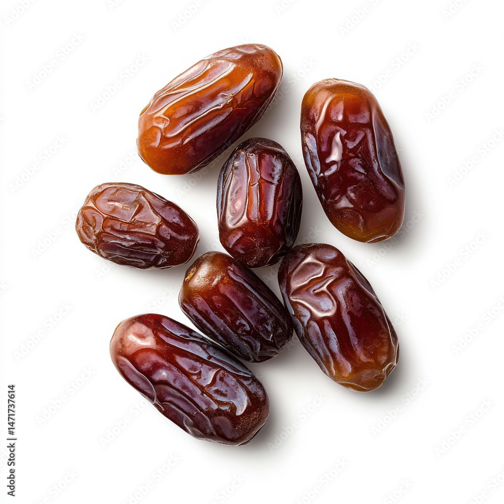 A handful of dates with a few scattered around, showcasing their elongated shape and glossy finish, isolated on a white background A handful of dates with a few scattered around, showcasing their elongated shape and glossy finish, isolated on a white background