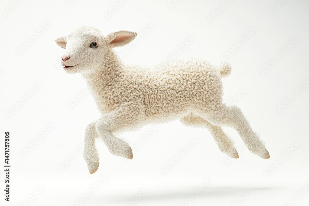 Fototapeta premium A cute, fluffy lamb is depicted mid-jump against a bright white background, showcasing its innocent charm.
