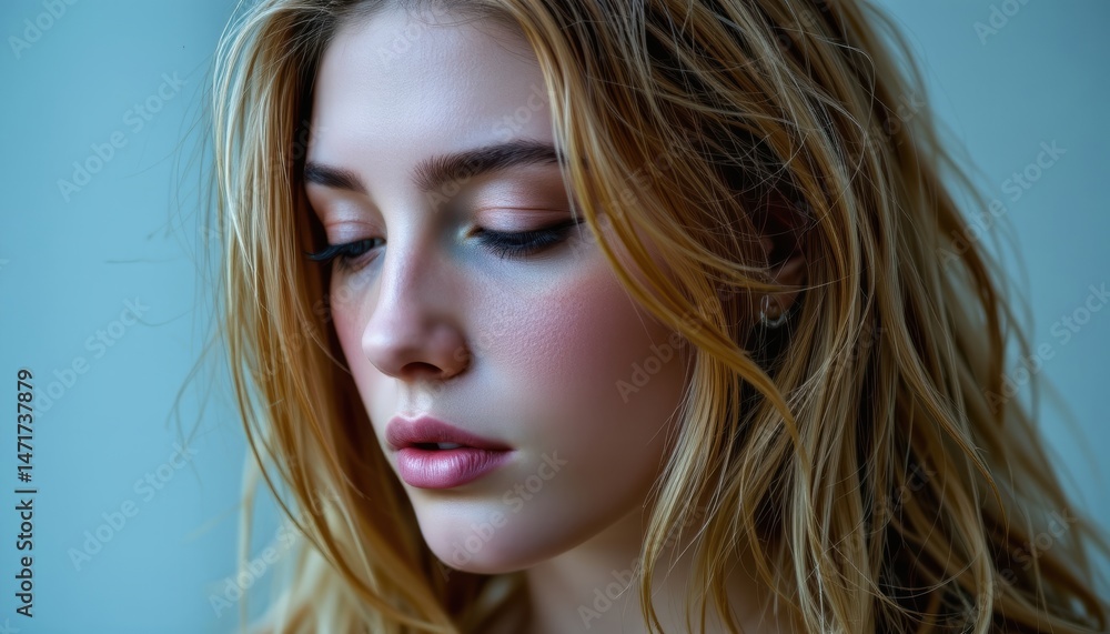 Obraz premium Elegant Close-Up Portrait of a Young Woman with Blonde Hair and Serene Expression