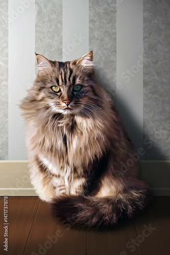 Long-haired fluffy cat sitting against striped wall, realistic digital illustration