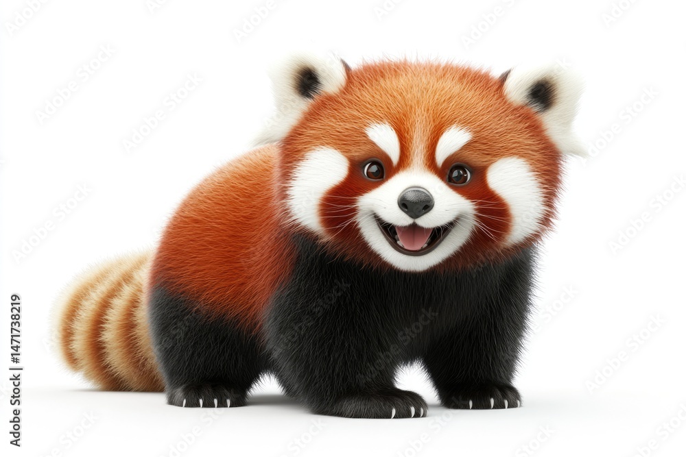 Fototapeta premium Adorable red panda with a fluffy tail, smiling and standing on a clean, white background, showcasing its unique fur.