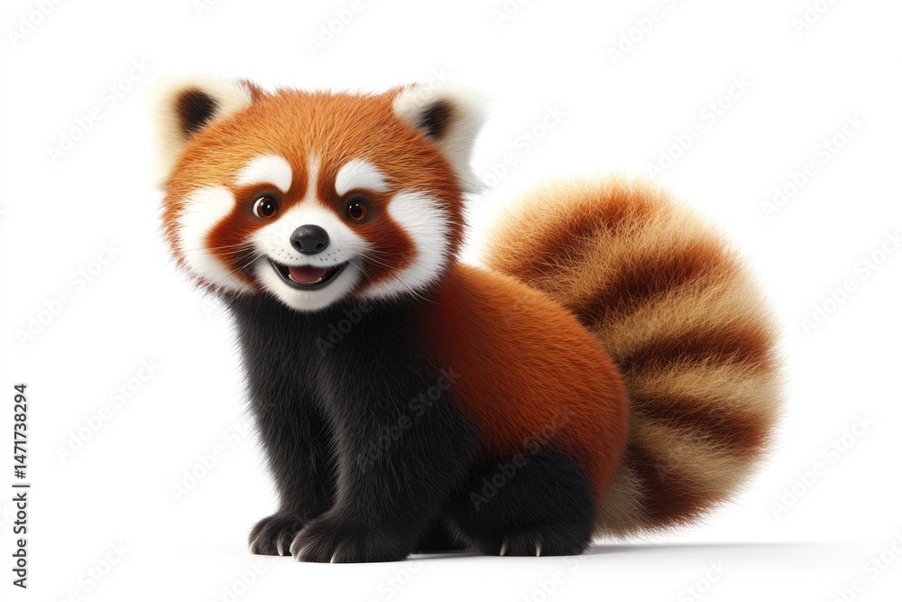 A cute cartoon red panda with a smiling face and fluffy tail sits on a white background. A cute cartoon red panda with a smiling face and fluffy tail sits on a white background.
