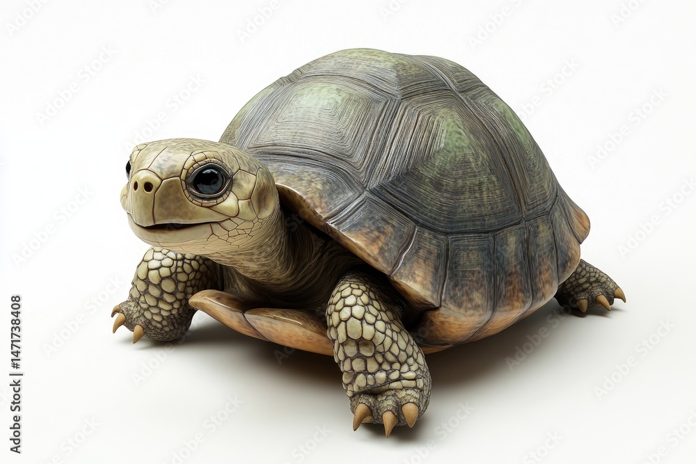 Naklejka premium Detailed portrait of a tortoise featuring its patterned shell, scaly skin, and sharp claws against a bright white background.