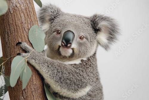 A cute, fluffy koala clinging to a tree branch with eucalyptus leaves, looking directly at the viewer with curiosity.