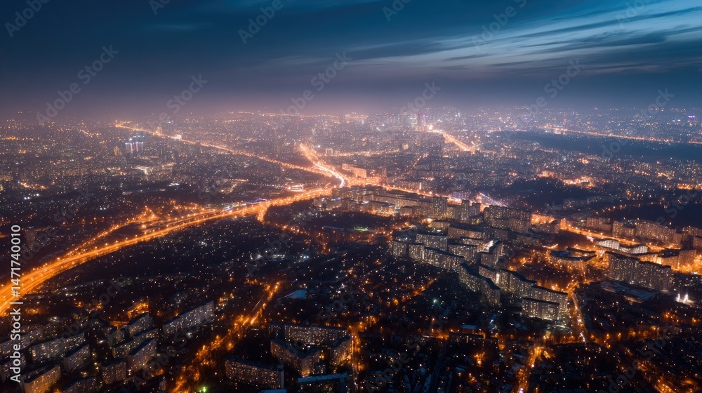 Fototapeta premium Stunning aerial shot of a city illuminated at night, showing a network of glowing street lights and busy roads stretching across the urban landscape