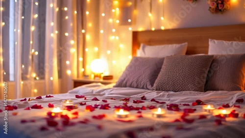 Beautiful bedroom with rose petals, candles, and fairy lights. Romantic atmosphere