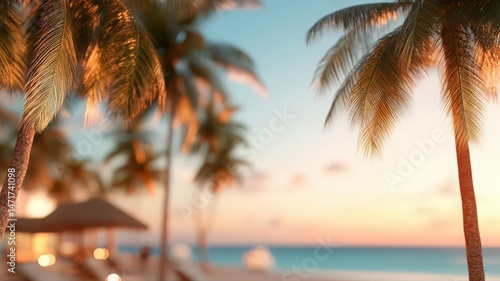 Abstract Tropical Sunset Beach Background with Blurred Palm Trees