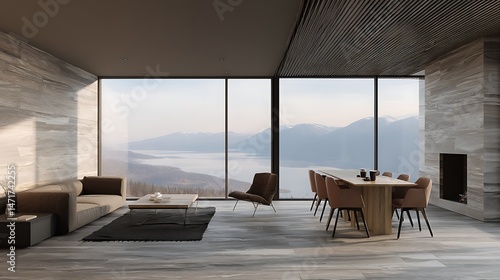 Minimalist, japandi style interior design of modern living room. Dining table and brown chairs in luxury room with wooden paneling walls and panoramic windows .