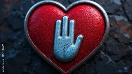 Close-up of a metallic heart-shaped object with a raised stop sign hand on it.