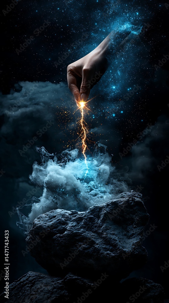 Fototapeta premium Hand Creating Light Spark Above Smoky Rock Against Dark Night Sky