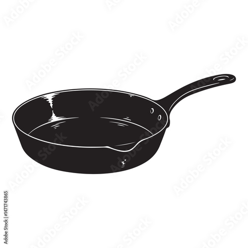 This is an isolated, empty black cast iron frying pan, a piece of metal kitchenware with a handle, ready for cooking or frying food