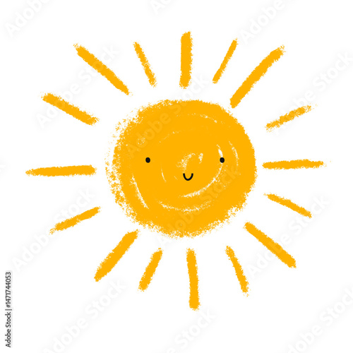 Cute Smiling Sun. Childish Drawing-like Vector Illustration Of Happy Sun On a White Background. Nursery Art With Little Style Kawaii Sun. Kids Room Decoration. 