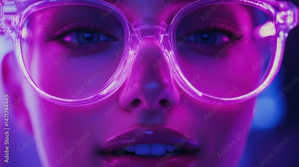 Close-up of a woman, vibrant neon glow, stylish glasses Close-up of a woman, vibrant neon glow, stylish glasses