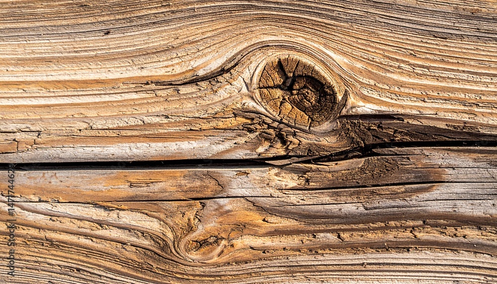 Fototapeta premium Sunlit timber with golden hues and a cracked surface centered around a weathered knot