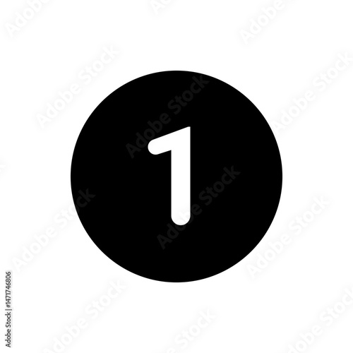 A simple graphic featuring the number one in white enclosed within a solid black circle on a white background