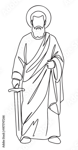 Saint Paul holding a sword, determined and strong, dressed in traditional robes