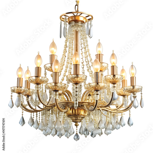 Fancy Chandelier: A luxury crystal chandelier with glowing bulbs, elegant hotel style, isolated PNG