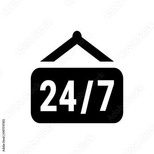 Illustration of a black sign hanging that says twenty four seven in white indicating hours of operation