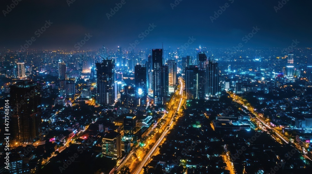 Fototapeta premium Cityscape at night with illuminated skyscrapers and roadways forming a dynamic urban scene