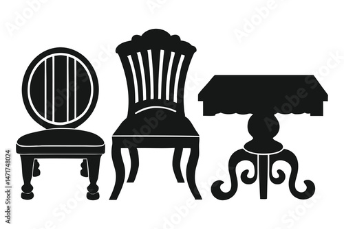 Vintage Silhouettes of Antique Chairs and Table Vector Illustration