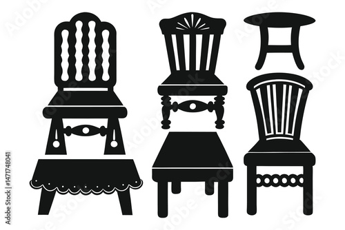 Vintage Silhouettes of Antique Chairs and Table Vector Illustration