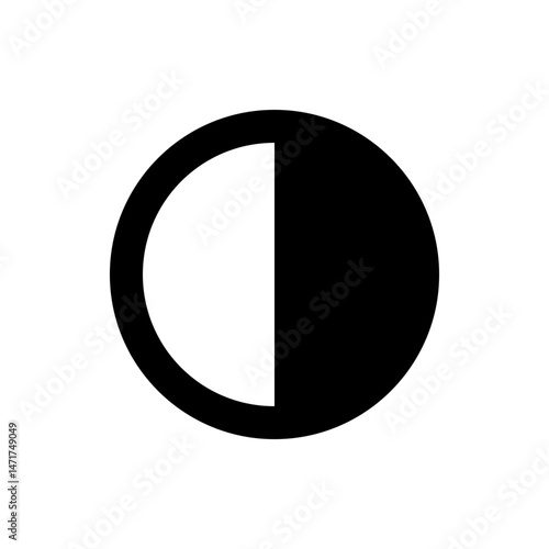 A black circle with a white crescent shape filling part of the interior space on a white background view 100