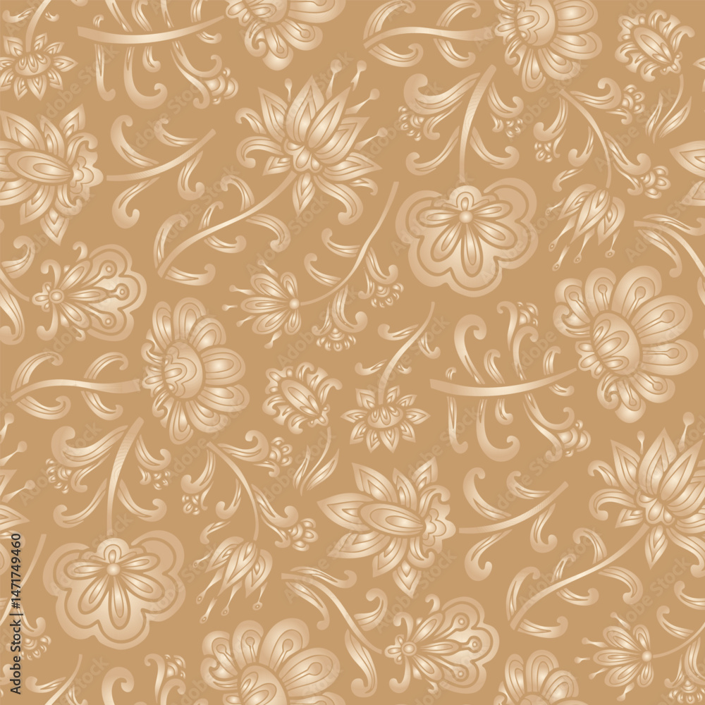 Fototapeta premium Hand drawn swirl ornamental flowers, paisley pattern, beige and brown colors. Seamless floral pattern-717.