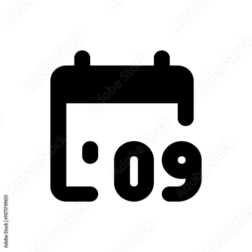 Black calendar icon showing the date as the ninth day of the month in a simple and bold design style
