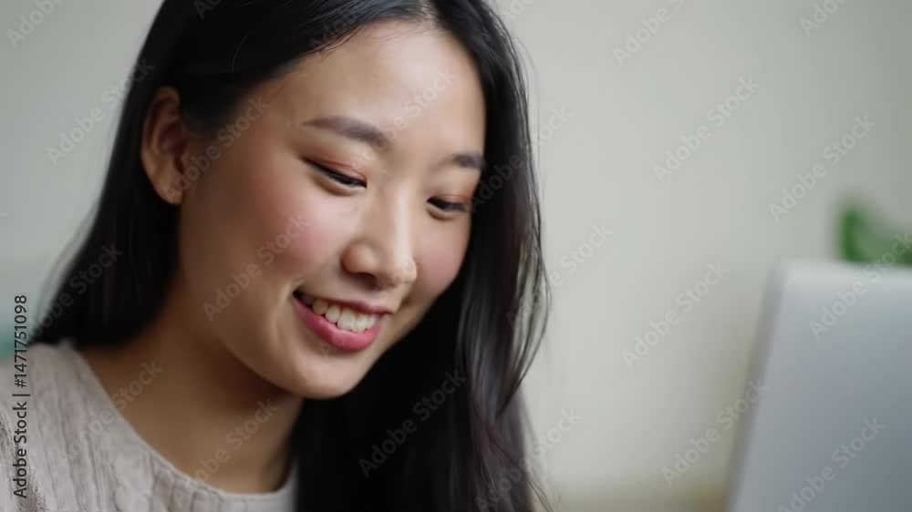 Smiling woman engaged in online work at home during afternoon hours Smiling woman engaged in online work at home during afternoon hours