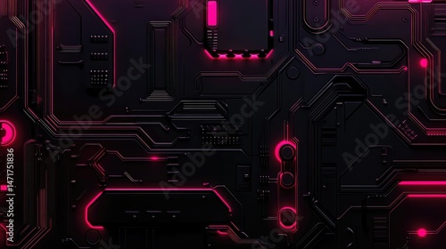 Futuristic circuit board with glowing pink accents