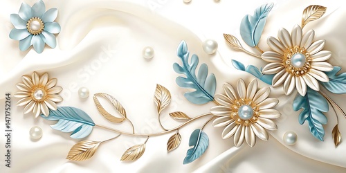 Elegant gold flowers with blue leaves and white pearls on a satin backdrop seem exquisite