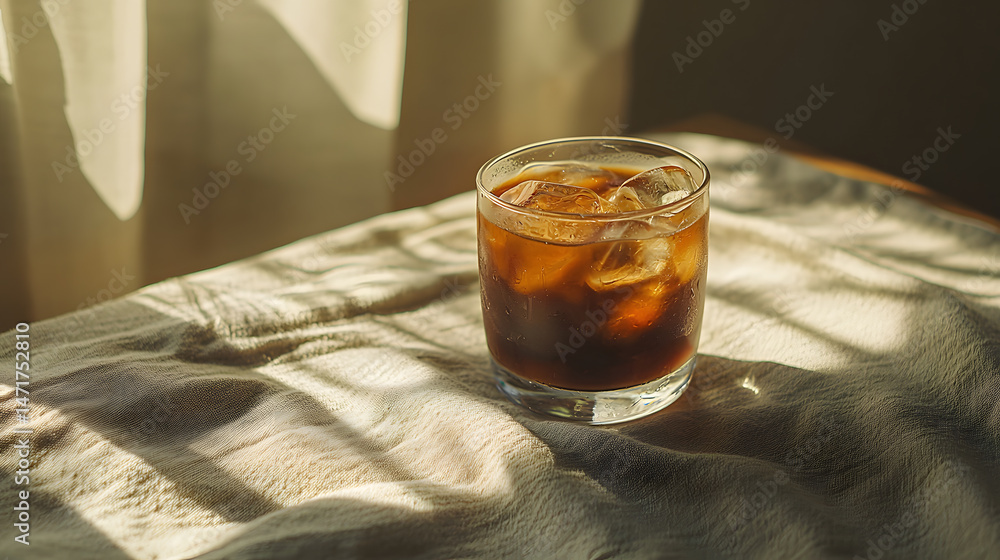 Iced coffee flat lay in a cozy caf warm light branding lifestyle scene inviting environment Iced coffee flat lay in a cozy caf warm light branding lifestyle scene inviting environment