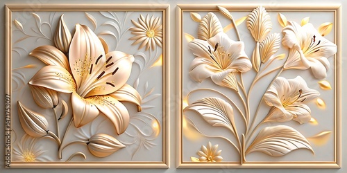 Framed wall art showcases the beauty of blooming golden and white lily flowers elegantly arranged