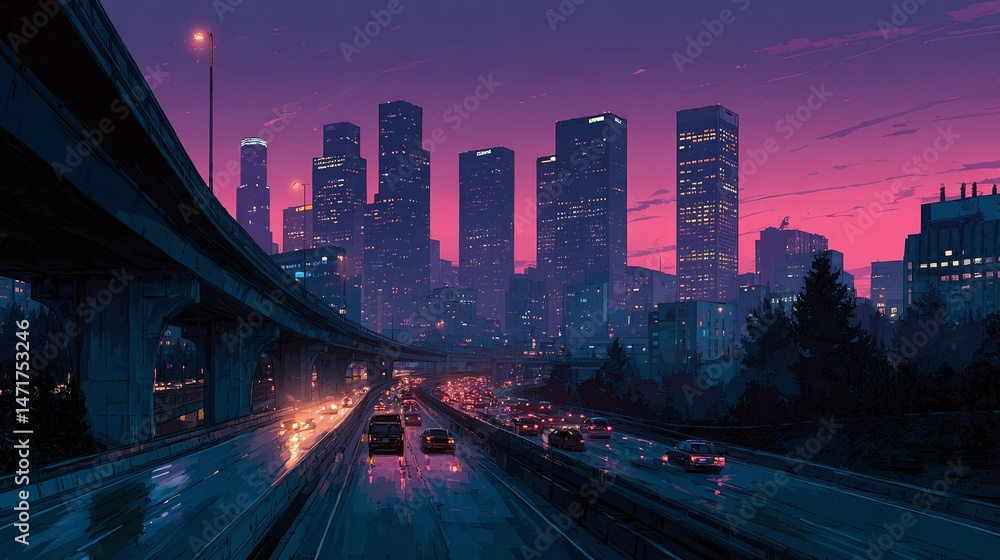 Fototapeta premium City skyline at dusk with highway traffic and colorful sky above.