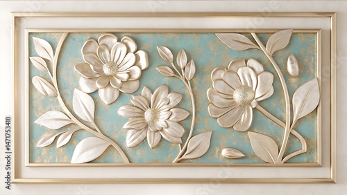 Golden floral art with textured petals displayed in a decorative golden rectangular frame enchants viewers