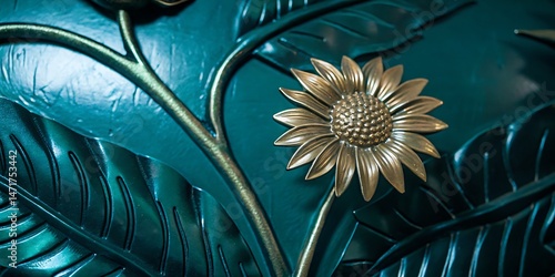 Gold sunflower blossom amidst dark teal leaves and branches creates captivating nature themed artwork